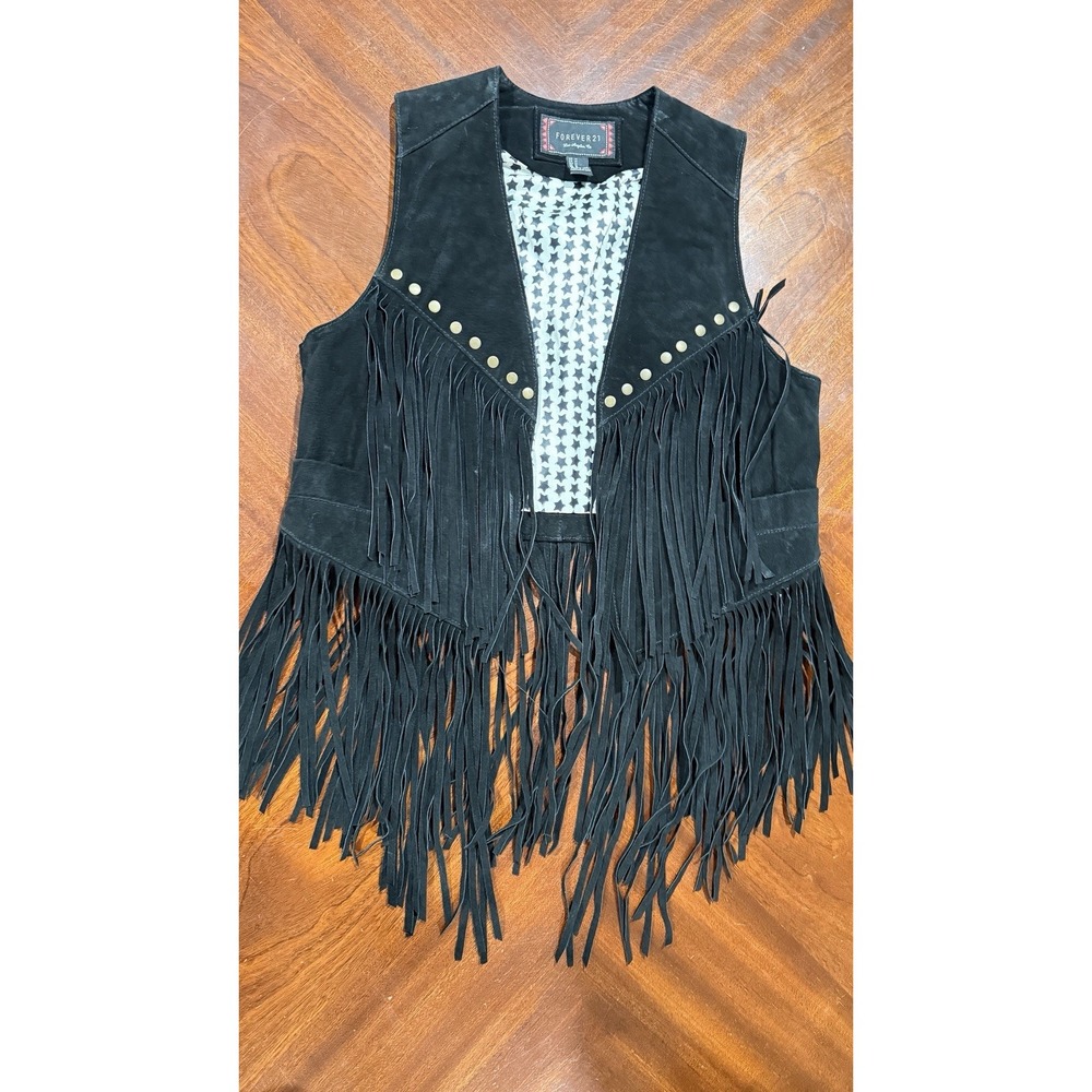 Forever 21 Women's Black Suede Leather Fringe Studded Vest Boho Festival Sz M - Picture 4 of 10
